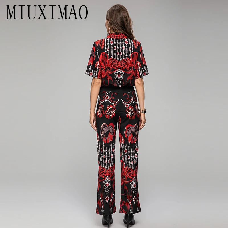 MIUXIMAO 2023 autunno Dress Diamond collar elegante Set manica corta con stampa floreale camicia + pantaloni moda due pezzi Set donna Vestides