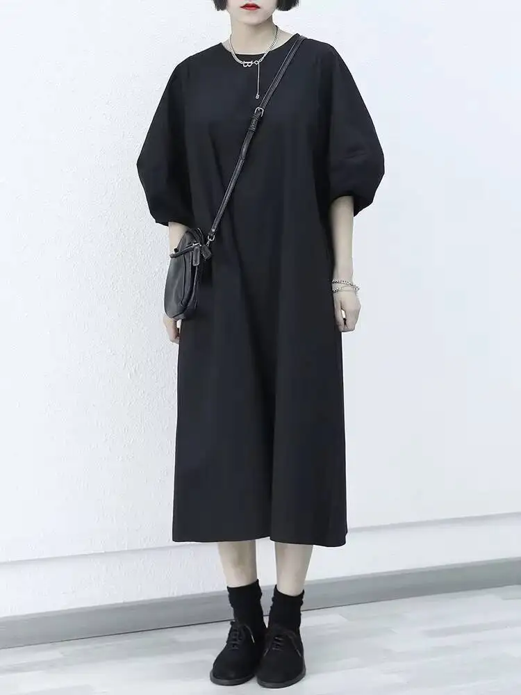 

Ladies Dress Summer New Classic Dark Retro Lantern Sleeve Round Collar Casual Casual Versatile Large Dress