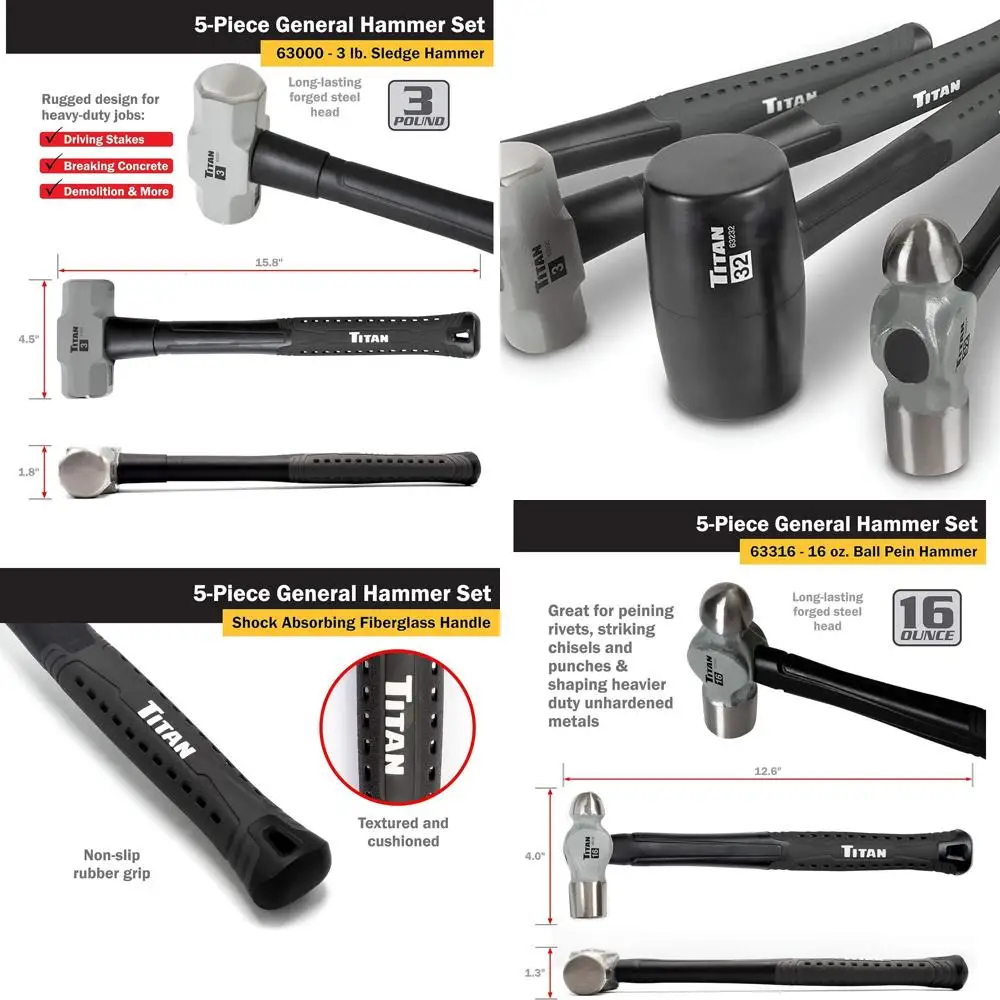 

63125 5-Piece Hammer Set, Includes 16oz & 32oz Ball Pein, 32oz Rubber Mallet, 3lb Sledgehammer, & 3lb Cross Pein, Shock Absorbin