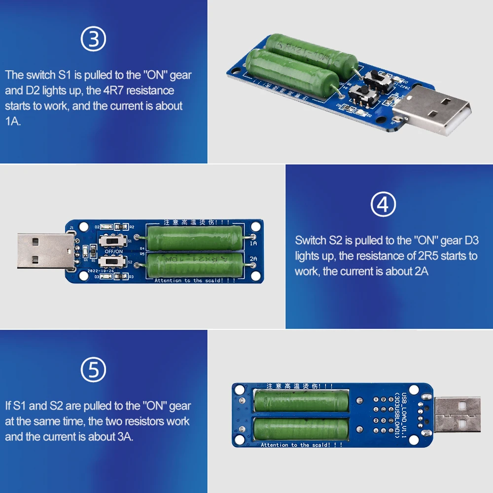 USB resistor DC electronic load With switch adjustable 3kind current battery capacity voltage discharge resistance tester