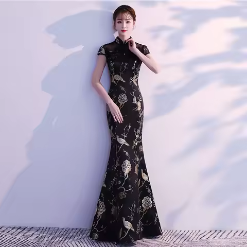 Chinese Style Black Evening Dress Women 2025 New Style Qipao Banquet Elegant Temperament Long Style Cheongsam
