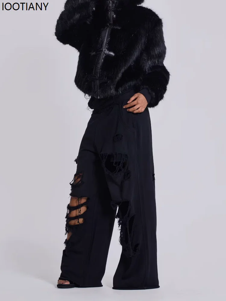 Black Women's Wide Leg Pants Retro Hip Hop Solid Color Sweatpants Ripped Loose Monster Jogger Pants Streetwear Casual