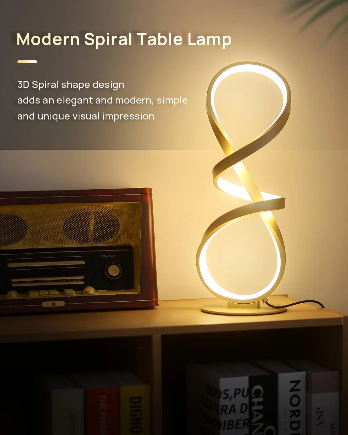 2 Pack LED Touch Dimmable Spiral Table Lamps, 3 Color Temp, Modern Gold Nightstand Lamps for Bedroom, Living Room, Ideal Gift