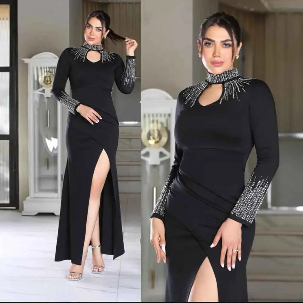Customized Beading Bodycon Evening Dress Keyhole Neck Long Sleeve Evening Gown Side Split платье вечернее