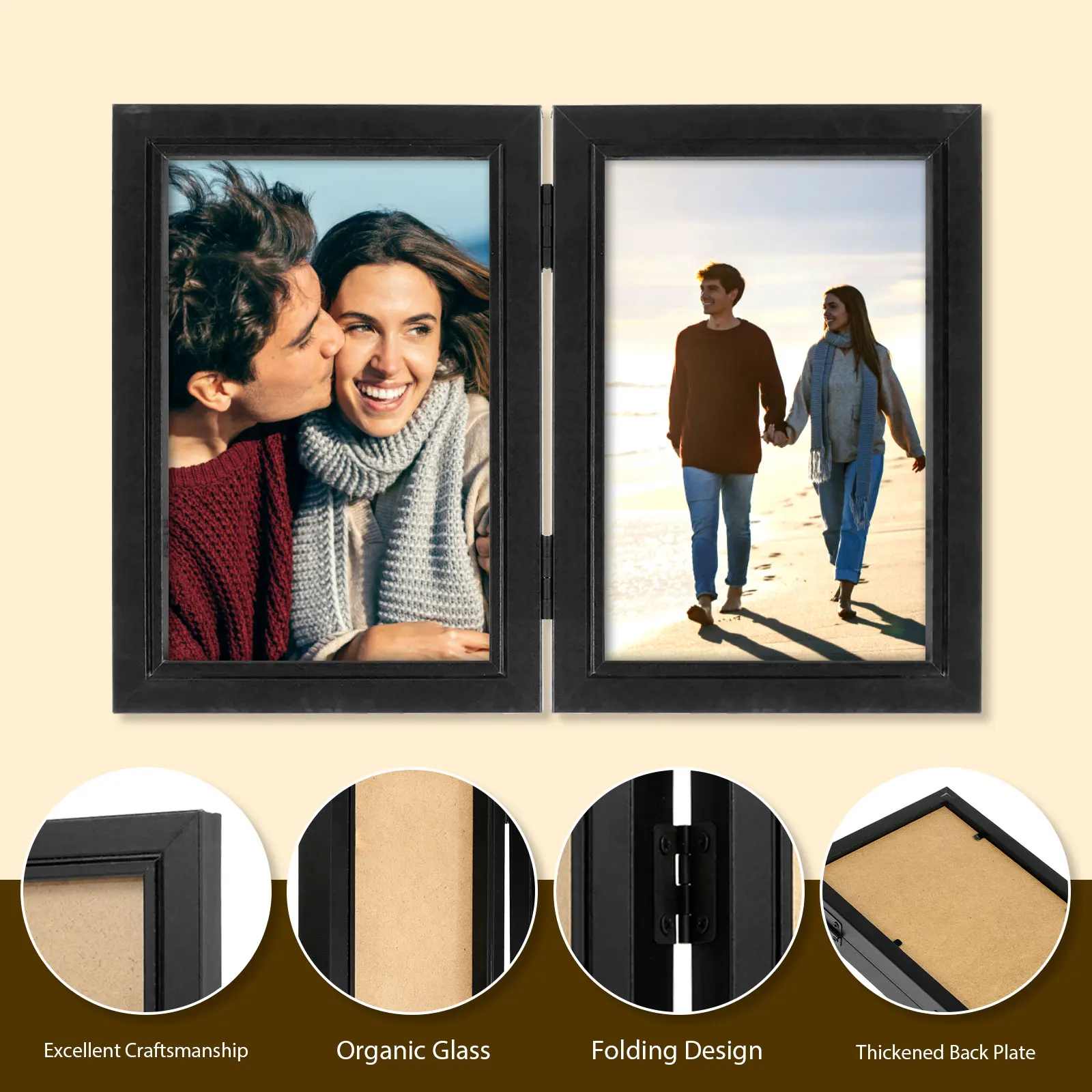 Double/Triple Photo Frame 180°Foldable Hinged Picture Frame Stand Vertically on Desktop Photo Frame with Glass Front Photo Frame