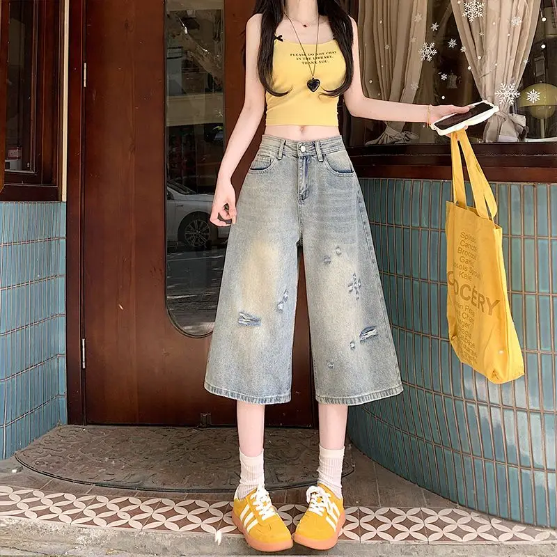 

Light Blue American Retro Ripped Calf-Length Pants Jeans for Women 2025 Summer High Waist Wide Legs Loose Baggy Grunge Ladies