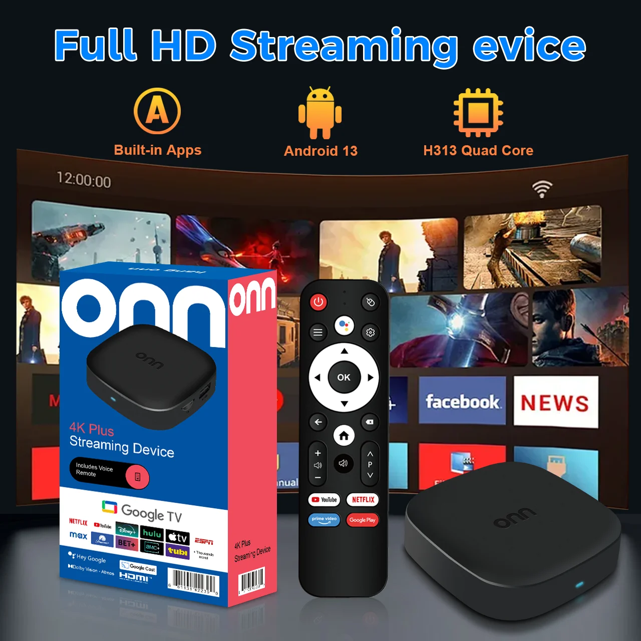 ONN‑Box 4K TV Box Android13 Allwinner H313 Chip 8+128GB WiFi6 Bluetooth5.4 Multi‑Language Bluetooth Voice Control Set‑Top‑Box