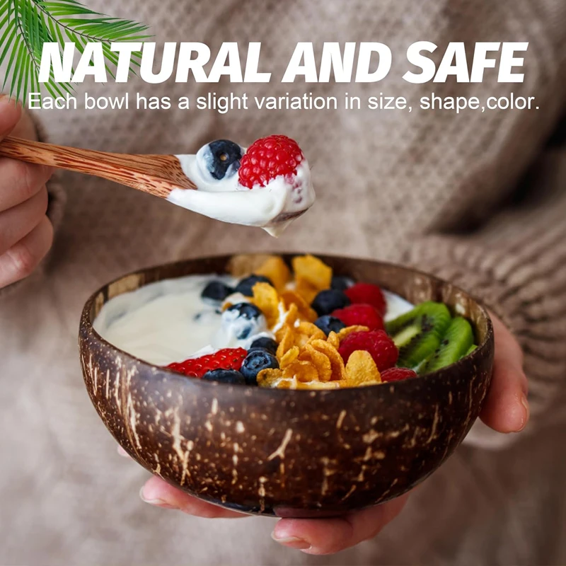 E9 Natural Coconut Bowl Set Salad Smoothie Bowls Wooden Ramen Bowl Coconut Spoon Coco Smoothie Kitchen Tableware Coconut Bowl 4