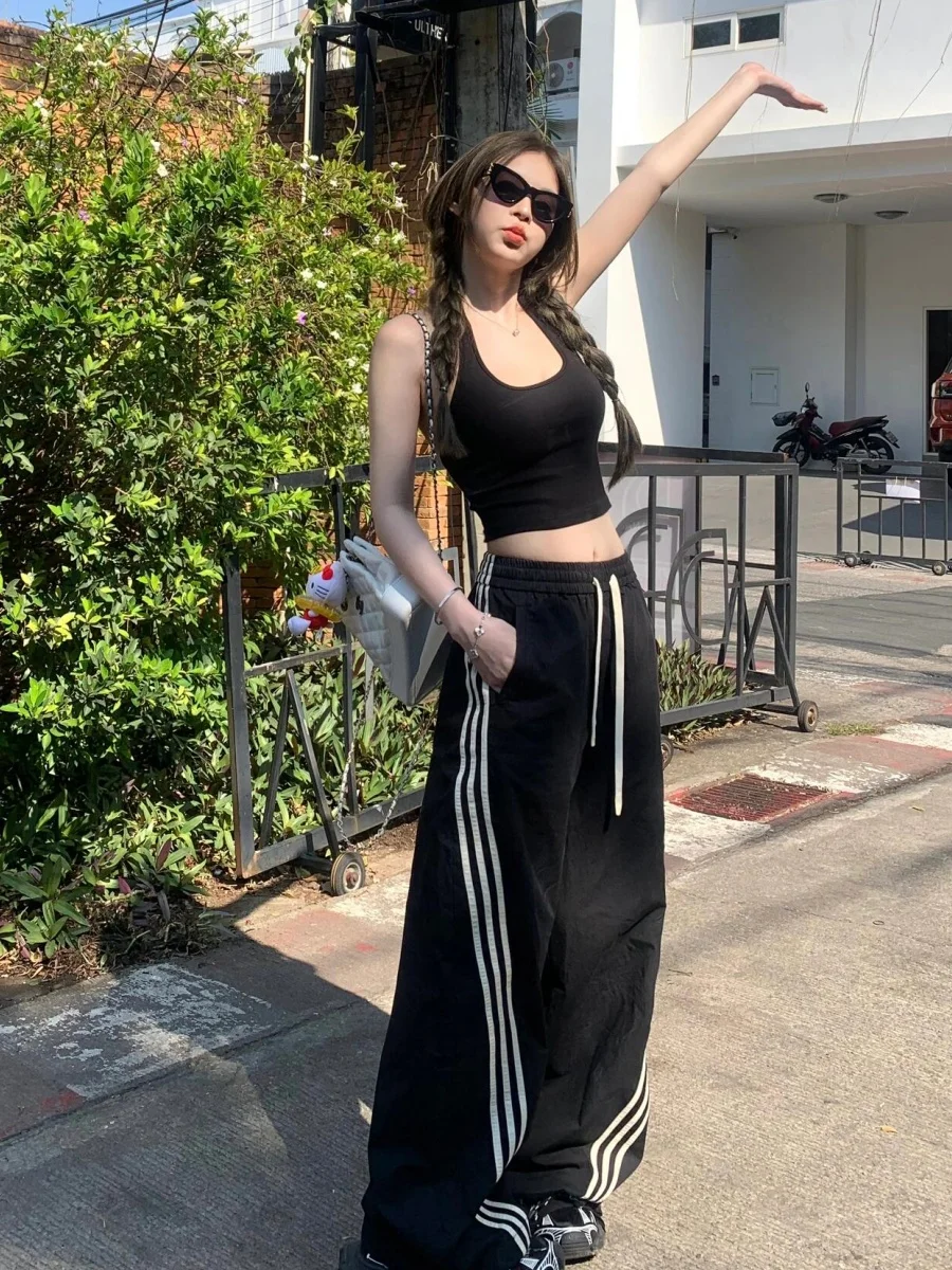 

Длинные спортивные брюки American Street Style для женщин: свободные, быстросохнущие, с высокой талией, прямые штанины, для танцев