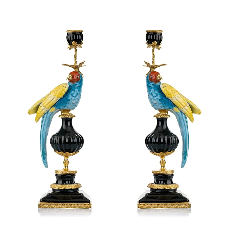 Parrot Porcelain Bronze Ormolu Candlesticks Candle Holders Pair Blue White 18.5”H Brass Ceramic Bracket Parrot Candle Holder