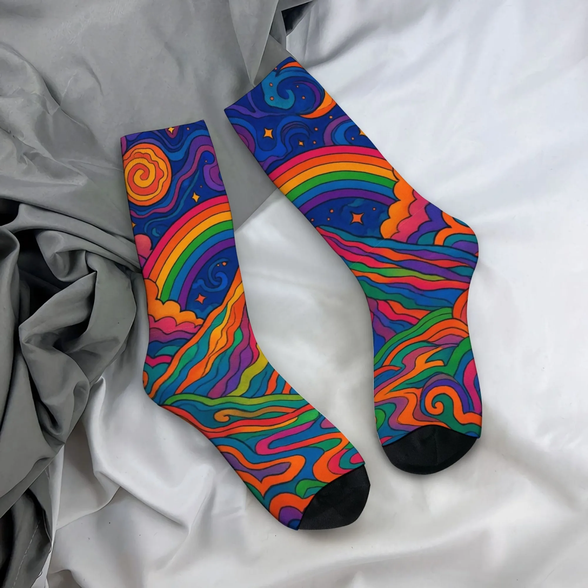 Rainbow Psychedelic Mountain Crew Socks, Colorful Healing Art Print Socks, Gift for Psychedelic Art & Color Healing Style Fans