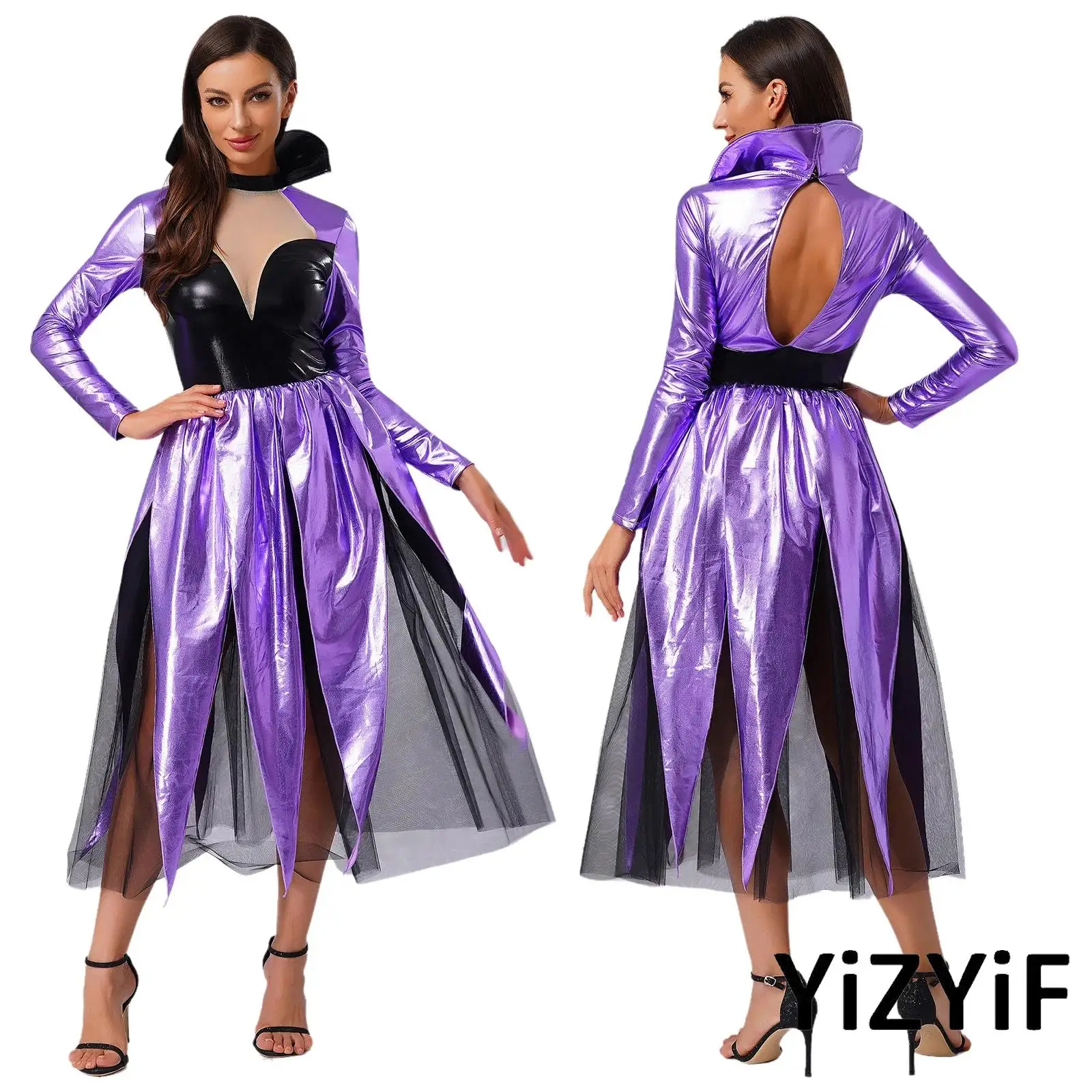

Halloween Womens Octopus The Sea Witch Cosplay Costume Metallic Shiny Contrast Color Backless Dress with Tulle Underskirt