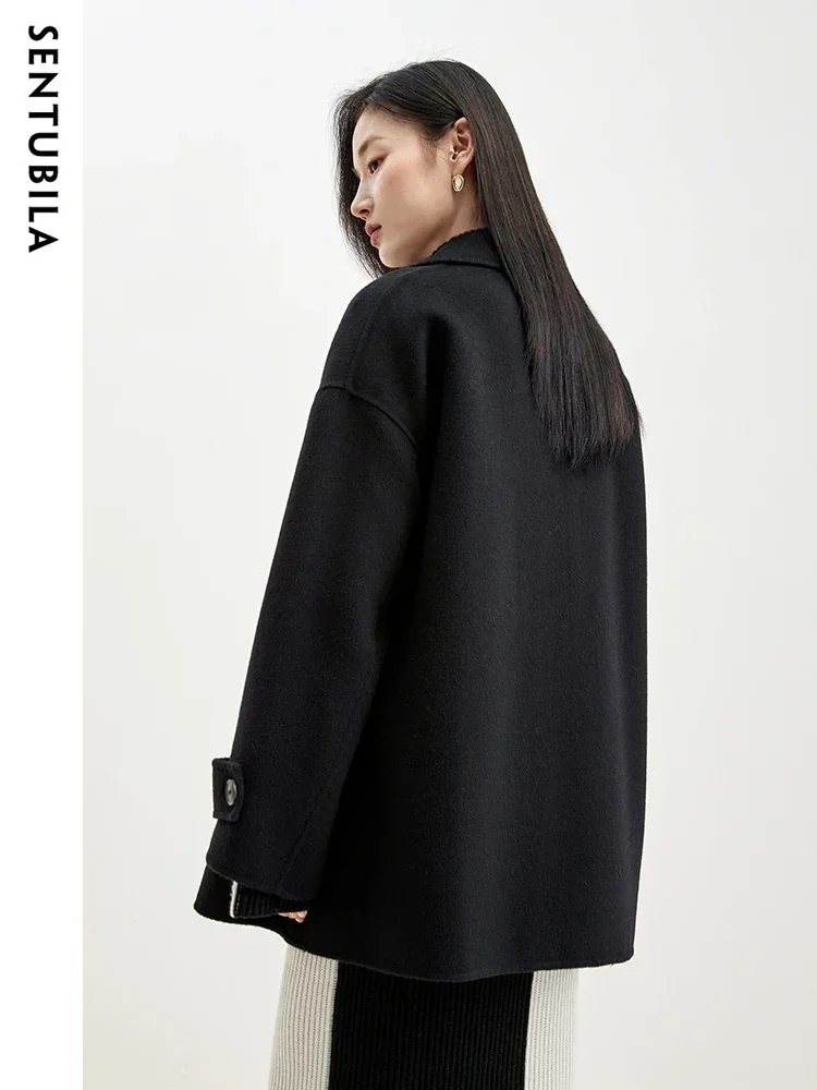 SENTUBILA Black Mid Length Woolen Coat Women 2024 Winter 100% Wool Loose Double Sided Notched Collar Autumn Coat Lady W44O58511X