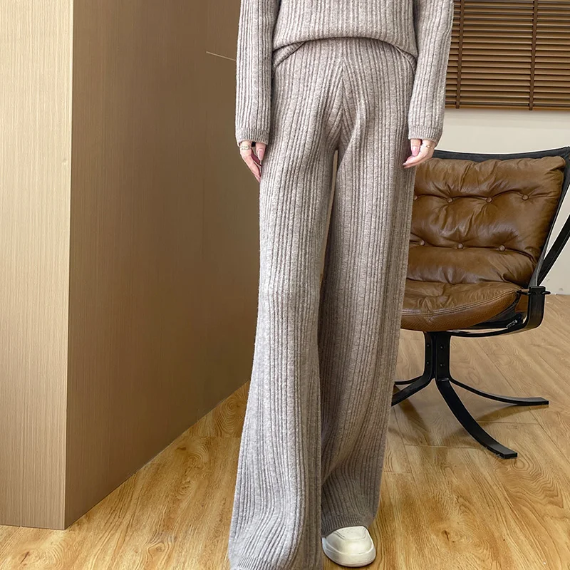 DjzDsm Fall/Winter New 100% Wool Women's Wide Leg Pant Set Women's Loose Knit Wool Half Zip Pullover Straight Leg Pant Set