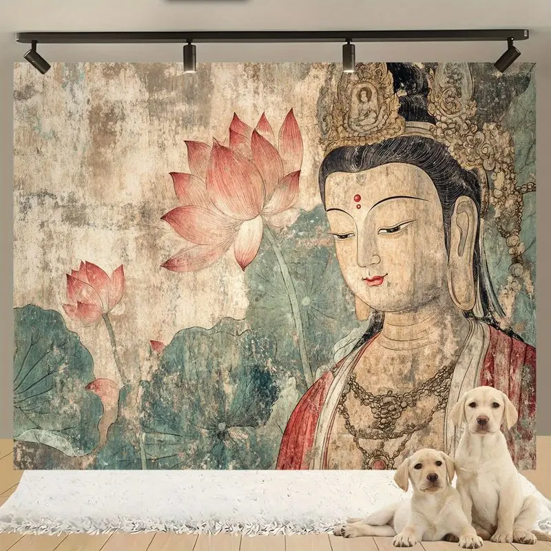 VIKAMA Vintage Buddhist Mural Tapestry Guanyin Lotus Flower Zen Oriental Wall Hanging Antique Texture Wall Art Bedroom Decor