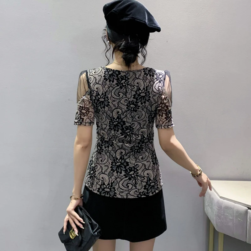 2023 New Summer Clothes Patchwork T-Shirt Sexy V-Neck Crochet Lace Hot Drilling Shiny Diamonds Slim Tops Short Sleeve Tees 34207