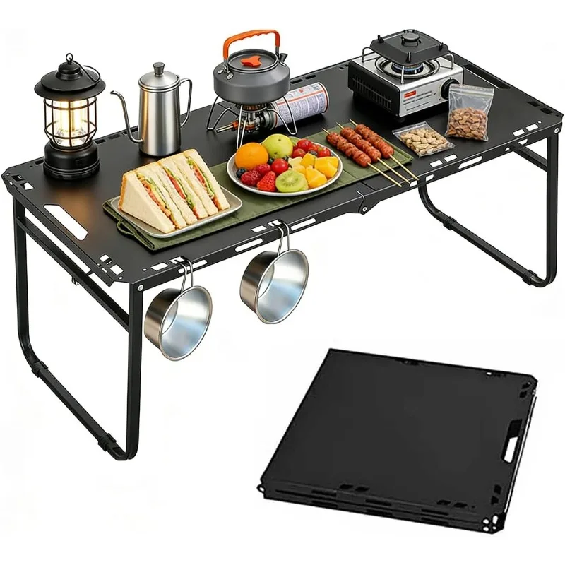 Camping Table Adjustable Folding Portable RV BBQ Picnic Table Carbon with Carry Bag Steel Outdoor Table Cooking Beach BBQ Party