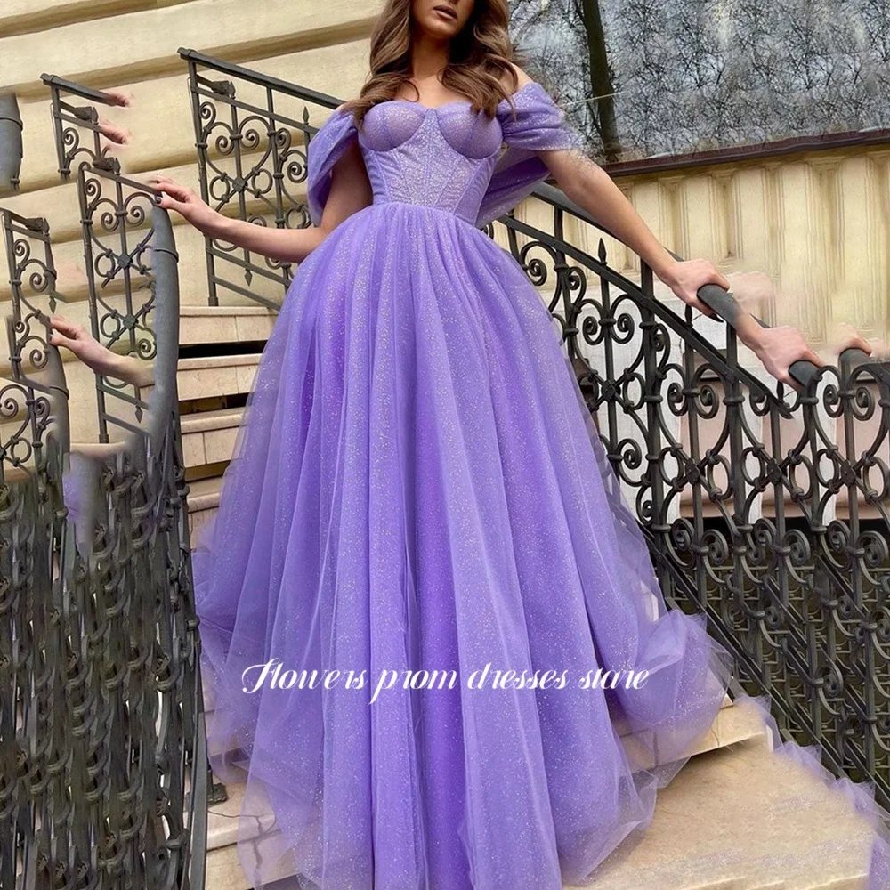 

Flowers Off Shoulder Party Dress A Line Shiny Evening Dress Formal Tulle Prom Gowns for Women Elegant vestidos fiesta Customized