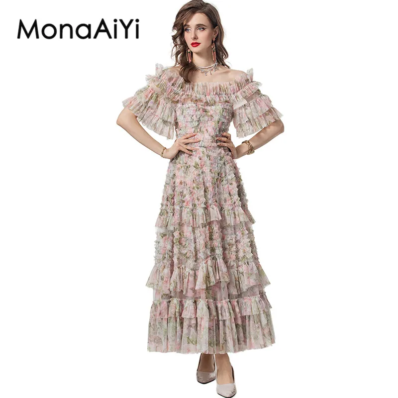 MonaAiYi-vestido de baile feminino de manga borboleta, vestido de verão, babados em camadas, sem encosto, vestidos Mixi florais elegantes, moda