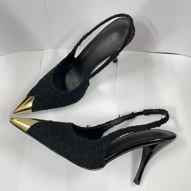 New Summer Women\'s High Heels Maunipoo Metal Pointed High Heel Sandals Spring Black Sexy Back Empty Single Shoes