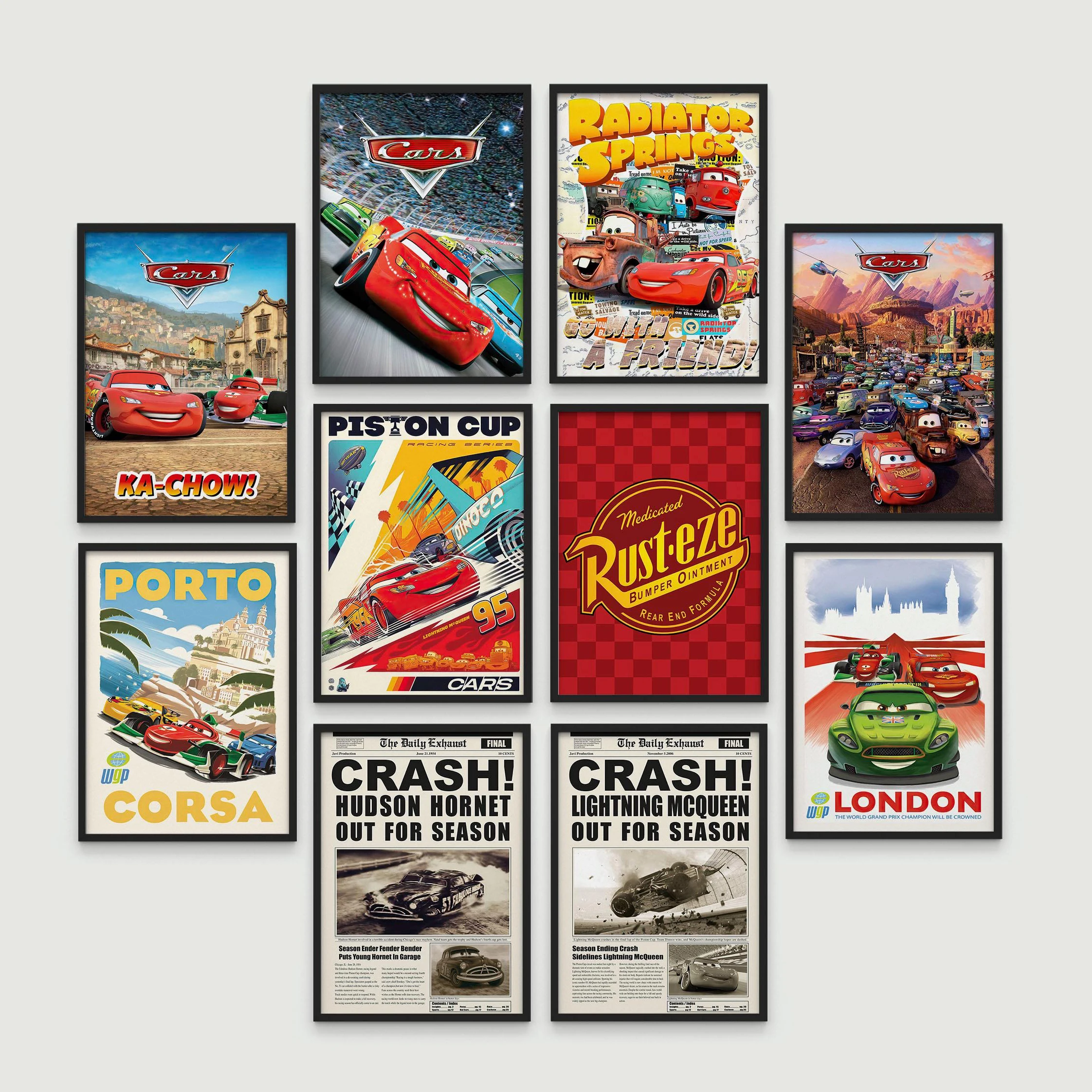 

Disney Cars movie Poster Set of 10 Lightning McQueen poster Print Radiator springs Piston cup hudson hornet print Cars Wall Art
