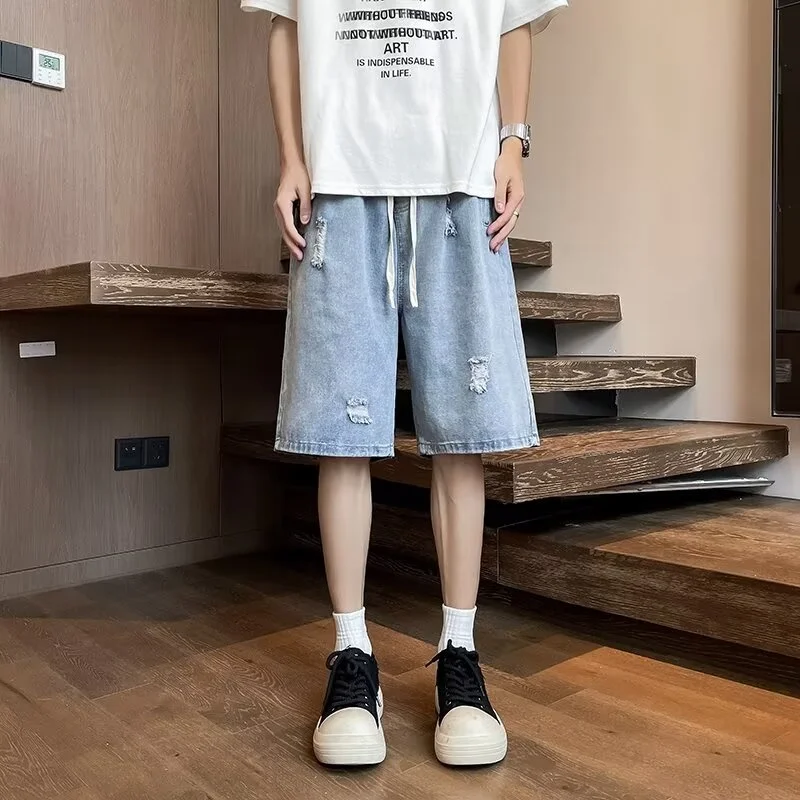 Summer Baggy Stretchy Denim Shorts Jeans For Men Y2K Streetwear Ripped Cargo Casual Shorts Pants Jean Retro Blue Bermuda