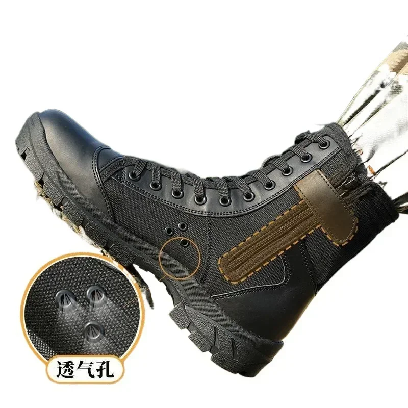 Botas de entrenamiento de malla transpirable para hombre, zapatos de seguridad de alta calidad, botas tácticas para exteriores, botas de tierra ultraligeras con cremallera fácil, Verano