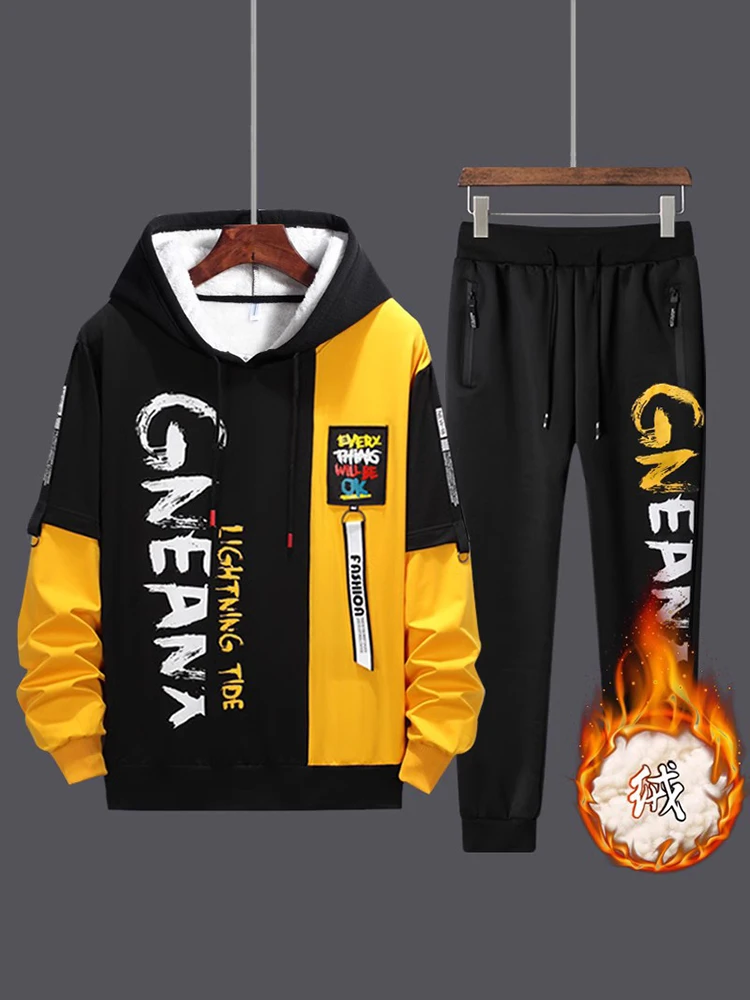

Men's Fce Lined Hoodie Set Casual Autumn Winter Faionable Korean Sle Long Sve Pants Two Piece Set for Teens