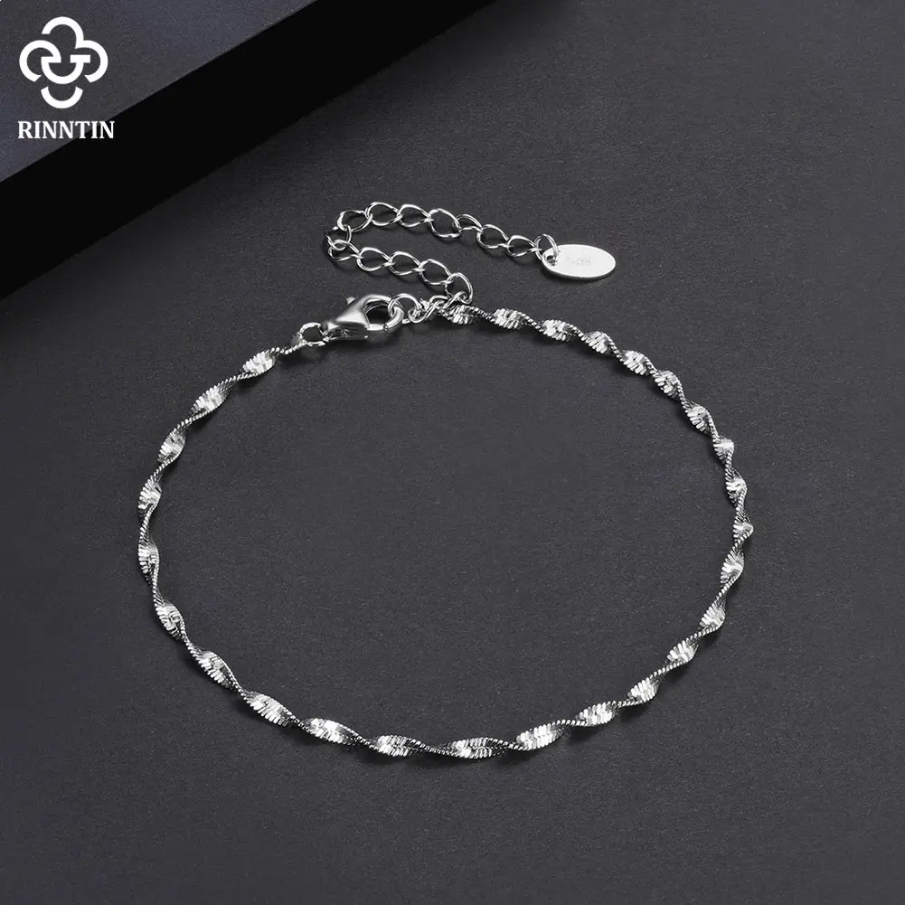 Rinntin-925 Sterling Silver Double Layer Water Wave Cadeia Pulseira para As Mulheres, Corda Torcida, Jóias Italiano, 2mm Largura, SB182