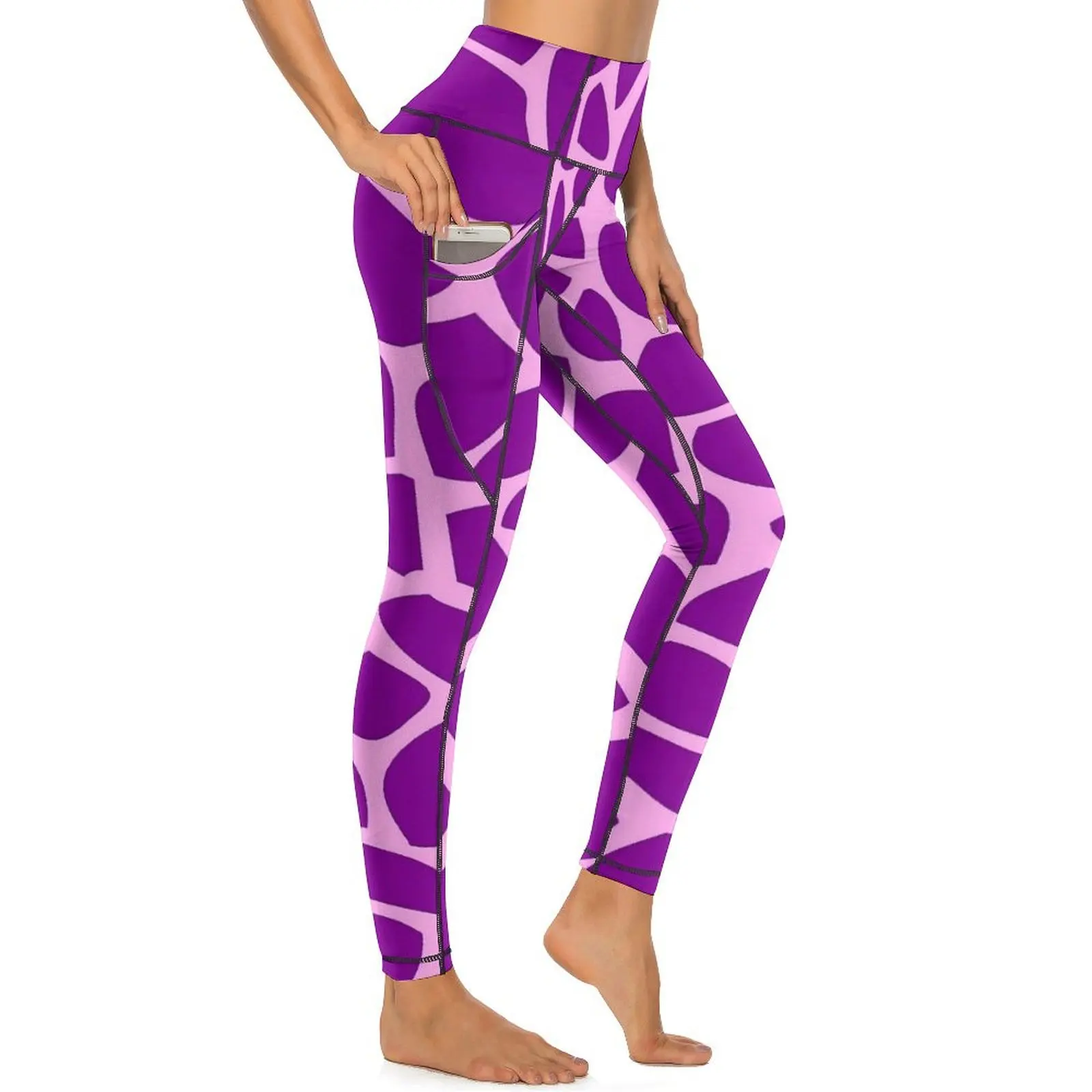 Giraffe Print Yoga Pants Pockets Pink and Purple Leggings Sexy High Waist Cute Yoga Sports Tights Quick-Dry Graphic Gym Leggins