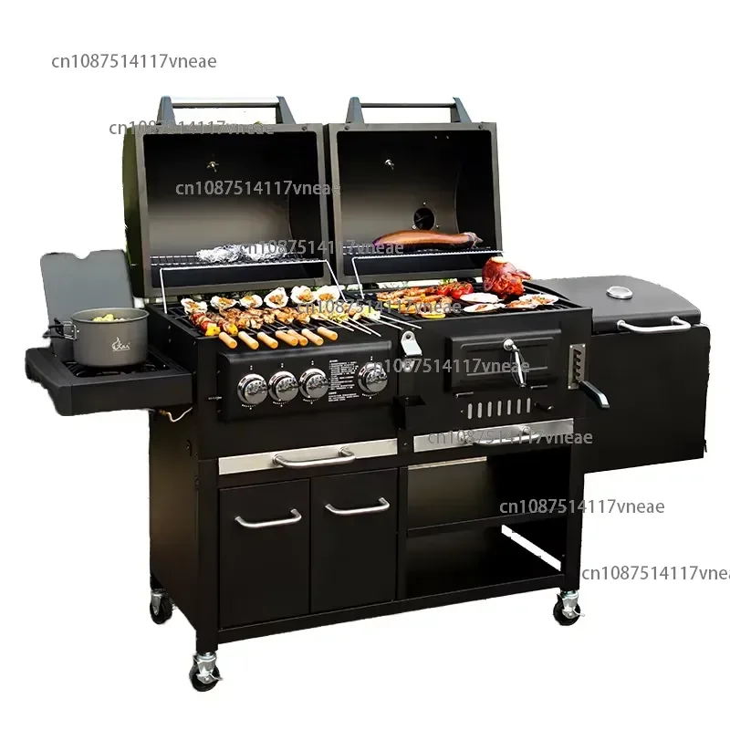 NB FAVOUR Heavy-Duty Outdoor Lar Gas & Charcoal BBQ Smoker Combo Commercial Barbecue Trolley Pizza Outdoor Entertaining