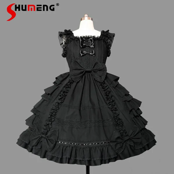 

Lolita Princess Bow Black Ruffled Dress for Women 2024 Summer New Palace Style Cosplay Sleeveless Lace Mid-length Dresses Female