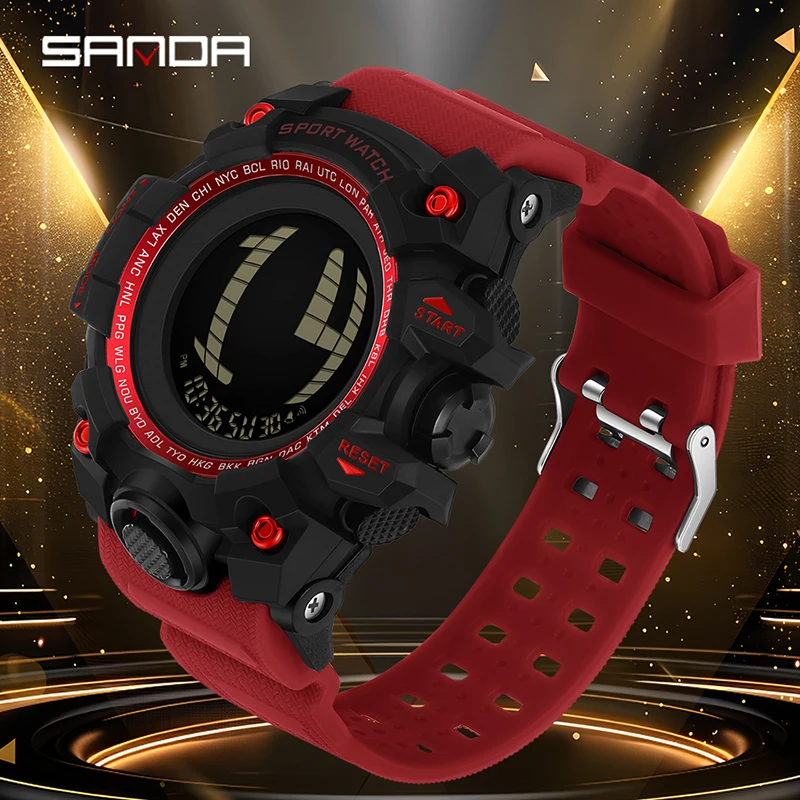 SANDA 2200 패션 남자 전자 디지털 시계 다기능 카운트다운 방수 LED 학생 전자 시계 알람 시계