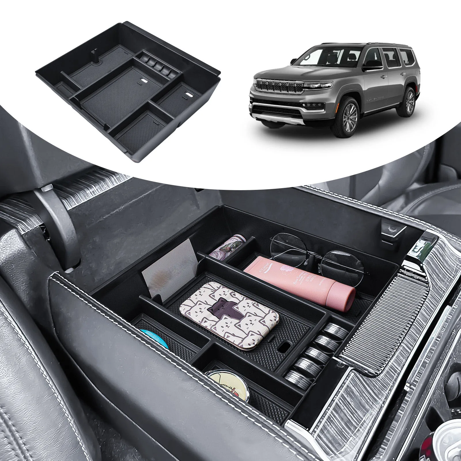 Center Console Organizer Tray for 2022-2025 Jeep Wagoneer/L & Select Grand Wagoneer/L Armrest Storage Box Interior Accessories