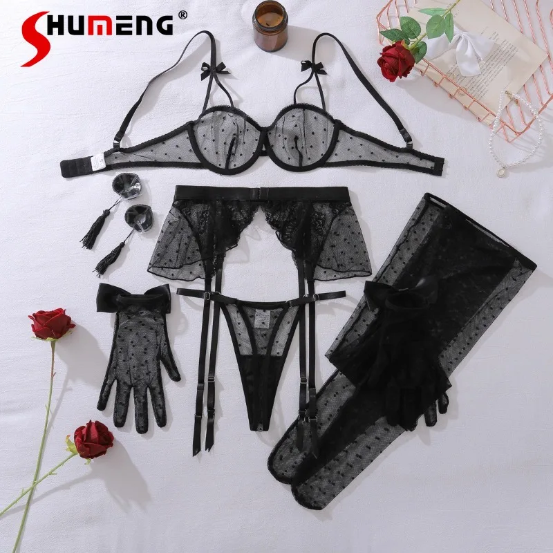 

Sexy Charming Lace Bra Set for Women Temptation Black Tops and Pure Desire Lingerie Suit Female See Through Brief Outfits