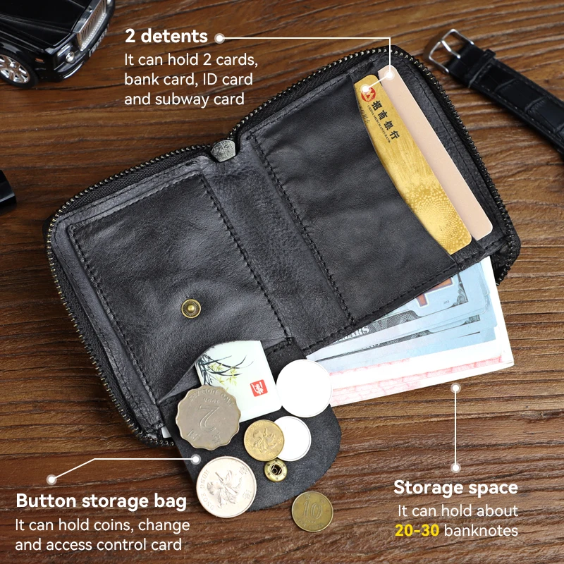 Portfel męski z prawdziwej skóry Retro etui na karty ze skóry bydlęcej z zamkiem błyskawicznym z kieszonką na monety mała mini męska portmonetka — zdjęcie 5