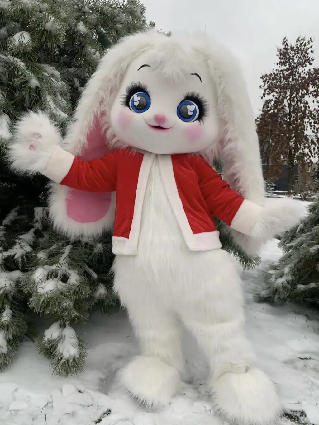 

Fur White Hare Rabbit Mascot Costume with Beauty Dress Long Ears Bunny Walking Doll Clothes Halloween Christmas Fancy Outfits