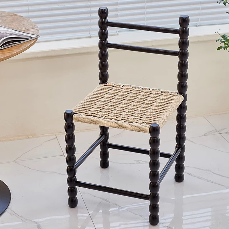 Nordic Vintage Woven Rope Stool Solid Wood Chair Retro Gourd-Shaped Seat with French Backrest for Living Room