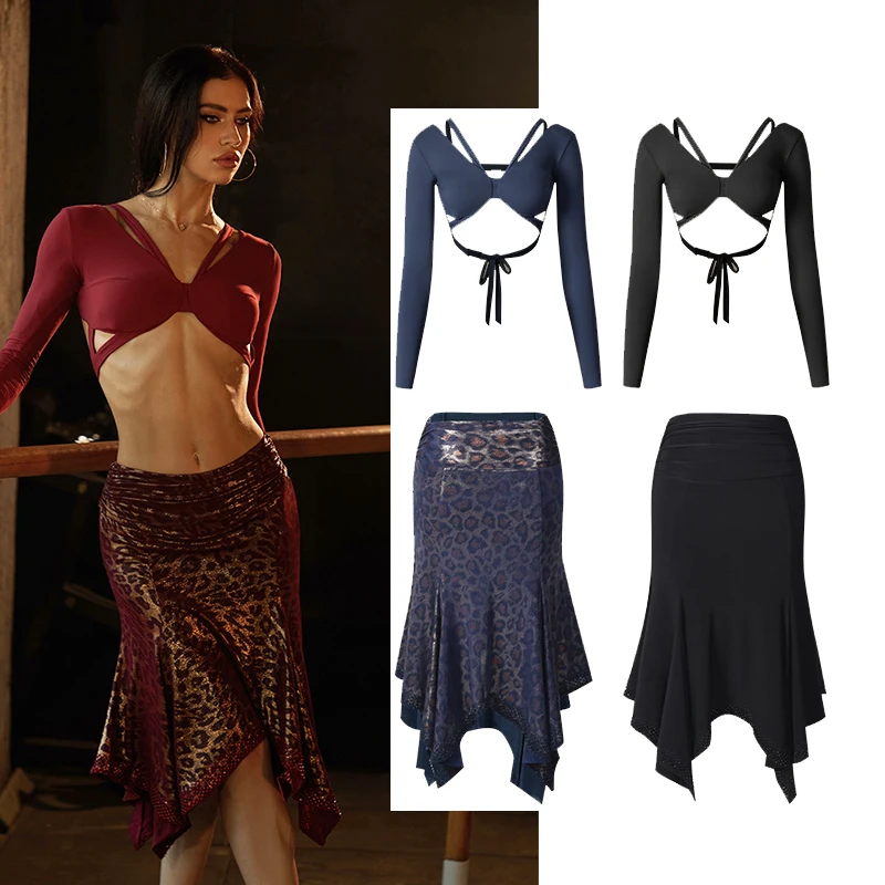 zym-ropa-de-baile-latino-para-mujer-tops-cortos-sexys-de-manga-larga-falda-de-leopardo-ropa-de-practica-ropa-de-actuacion-dnv25538-2025