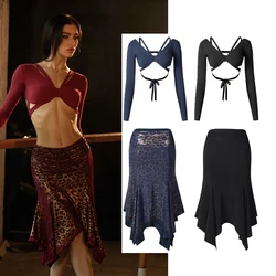 ZYM Latin Dance Clothes Women Sexy Short Tops Slit Leopard Skirt Cha Cha Rumba Performance Costume Adult Latin Dress DNV25538