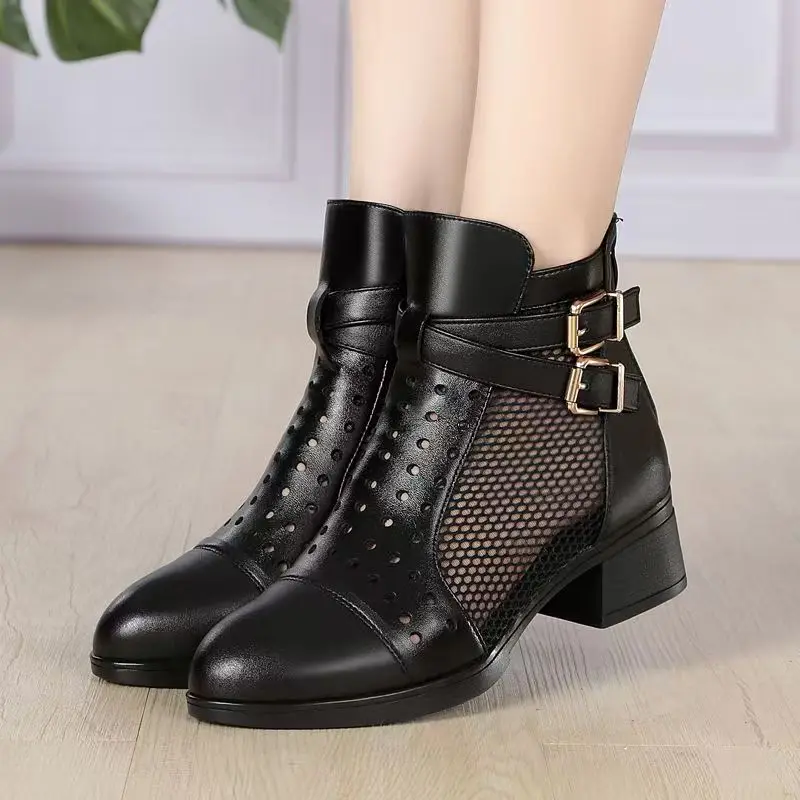 

Women Genuine Leather Mesh Block Heel Big Size Cool Boots Spring Summer New Round Toe Hollow Out Breathable Zippers Ankle Boots