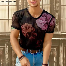 INCERUN Men T Shirt Printing O-neck Short Sleeve Streetwear Mesh See Through Camisetas Summer 2024 Fashion Party Men Clothing