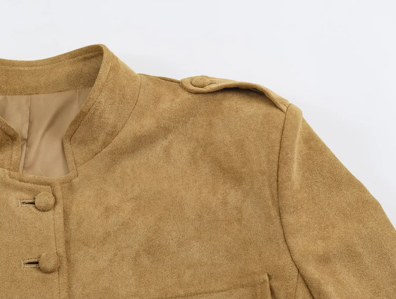 Damen Slim-Fit Jacke Stehkragen Langarm Einreihig mit Taschen Einfarbiger Wildledermantel 2026 Herbstmode Pendler-Oberbekleidung – Detail 5