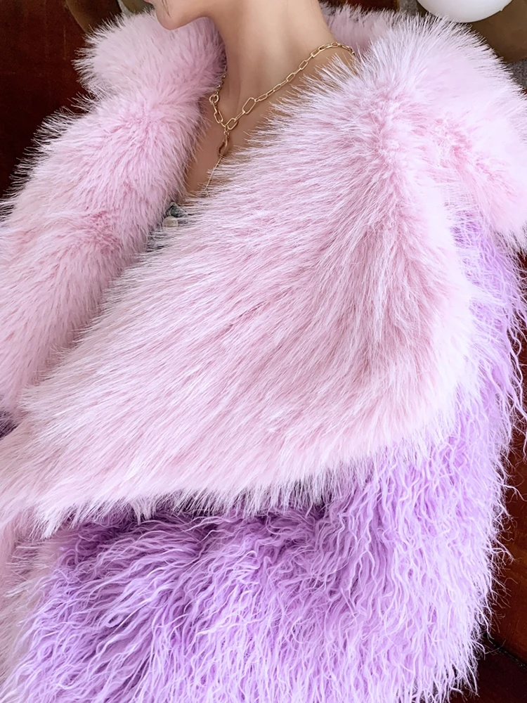 DEAT Fashion Women\'s Faux Fur Coat Contrastccolor Lapel Oose Long Sleeves Pockets Thick Warm Jackets Winter 2024 New 7AB6139