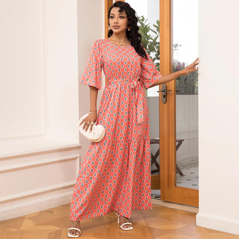 Holiday style Round neck Flowers Printing Belt Flared sleeve Long Dresses