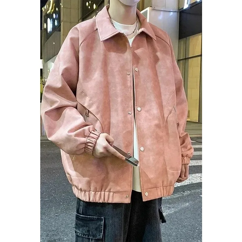 

New Plus Size Men's Work PU Leather Jacket Motorcycle Fat Lapel Loose Fit