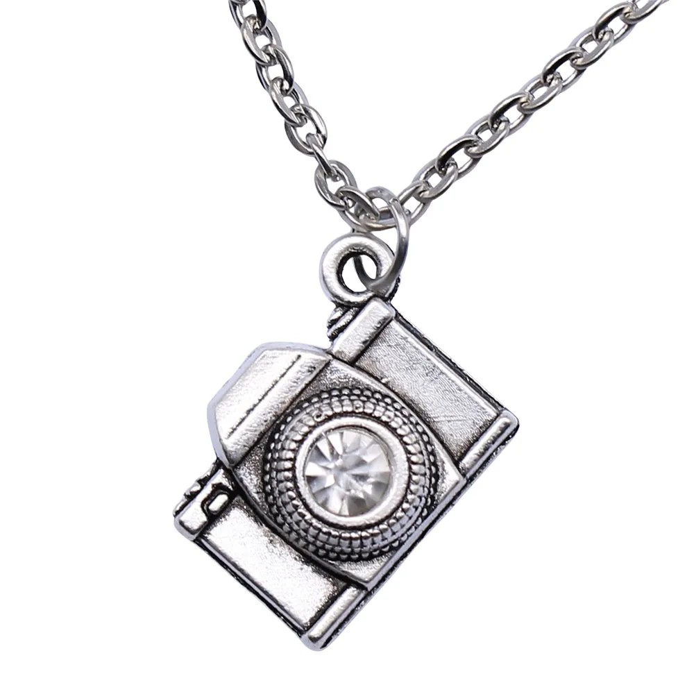 Dropshipping Antique Silver Color 20x16mm Camera With Crystal Pendant Necklace For Women