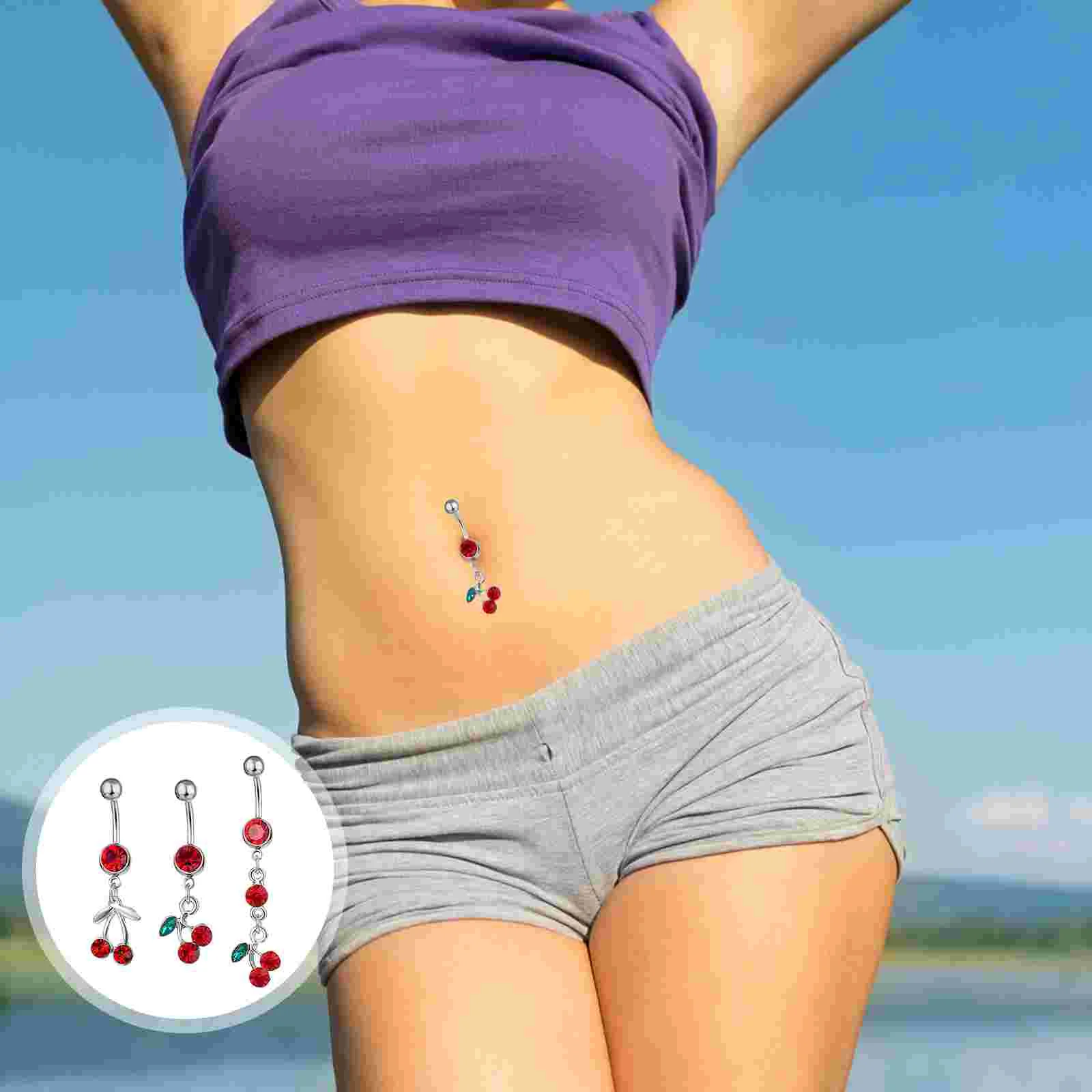 3 Pcs Fruit Cherry Navel Metal Ring Charm Body Piercing Jewelry Belly Rhinestone Decor