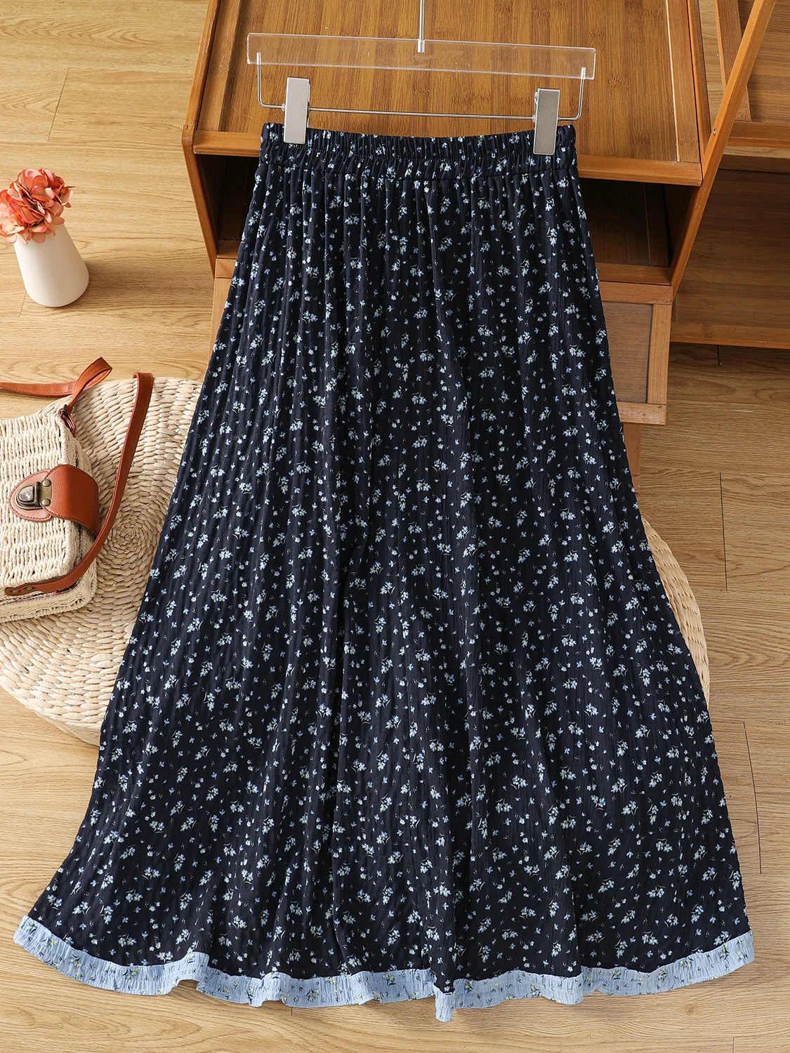 Verão 2025 Novo floral patchwork cor blo cintura alta emagrecimento saia plissada tamanho grande feminino fre sle commute algodão...