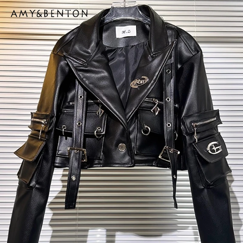 

Autumn New Cool Hot Girl Metal Decoration Black Locomotive PU Leather Jacket Punk Dark Gothic Workwear Multi-Pocket Coat Ladies